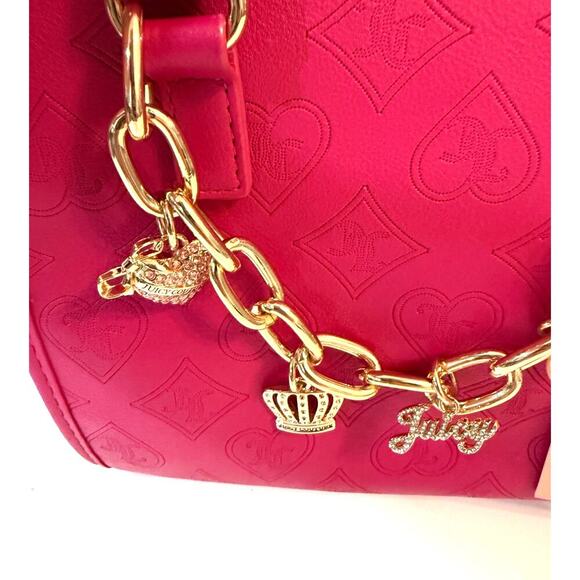 Juicy Couture Pink Mini Satchel Purse Charm Bag Gold Chain Crown Heart JC Logo - Picture 2 of 7